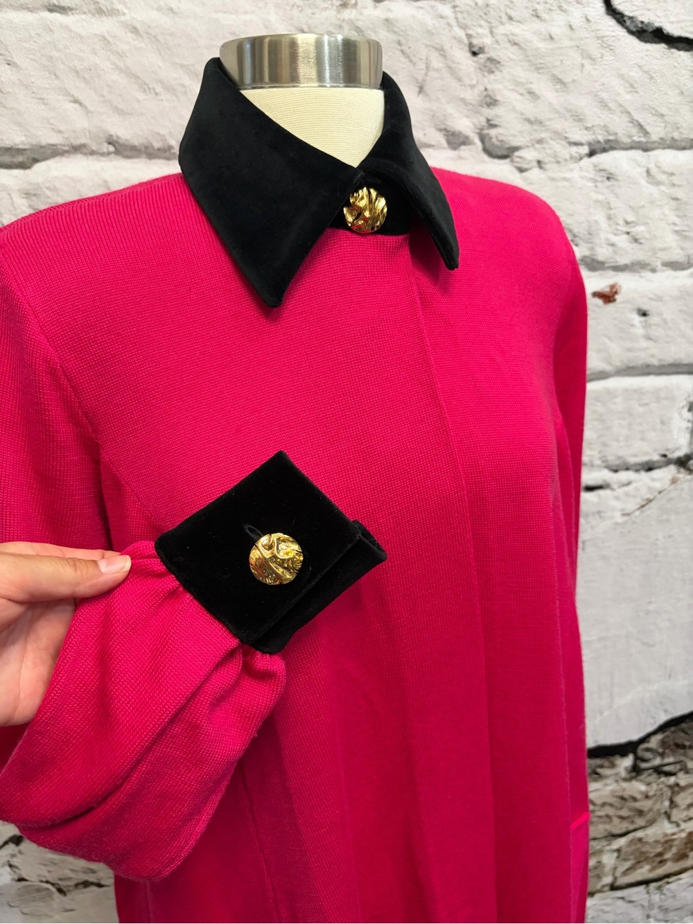 Vintage St. John Magenta Black Velvet Long Cardigan Sweater Dress Dramatic